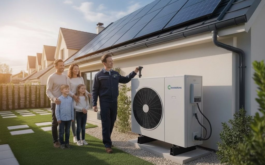 Une famille de quatre personnes se tient devant sa maison, où un technicien explique le fonctionnement d'une pompe à chaleur extérieure. La maison est équipée de panneaux solaires sur le toit.