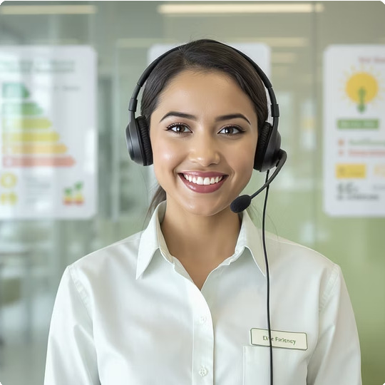 Un agent du service clientèle ou un représentant de centre d'appels souriant et professionnel, portant un casque avec microphone et une chemise blanche avec un badge nominatif indiquant « Eva Firmeney ».